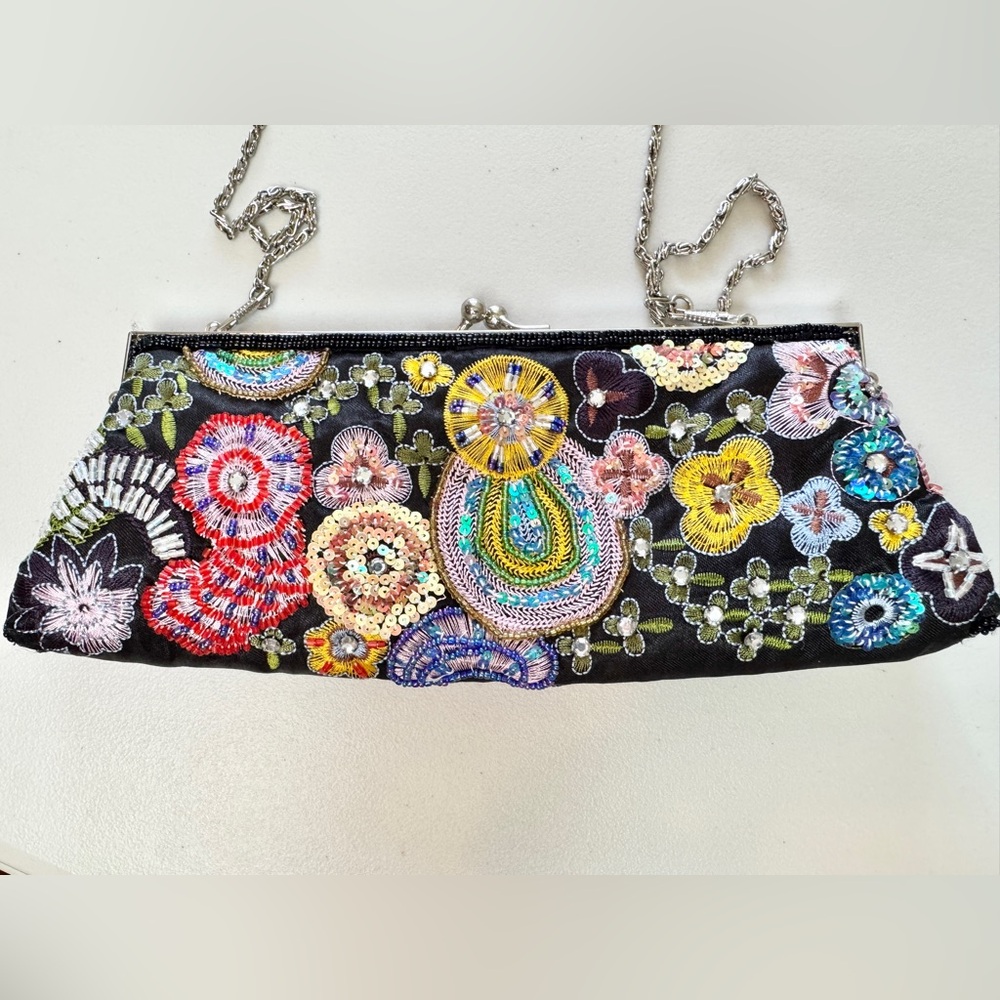 Alto Beaded Floral Clutch Purse Evening Bag Chain Strap - Picture 6 of 14
